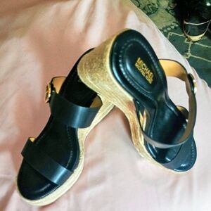 Michael Kors Black and Tan Wedge Sandals